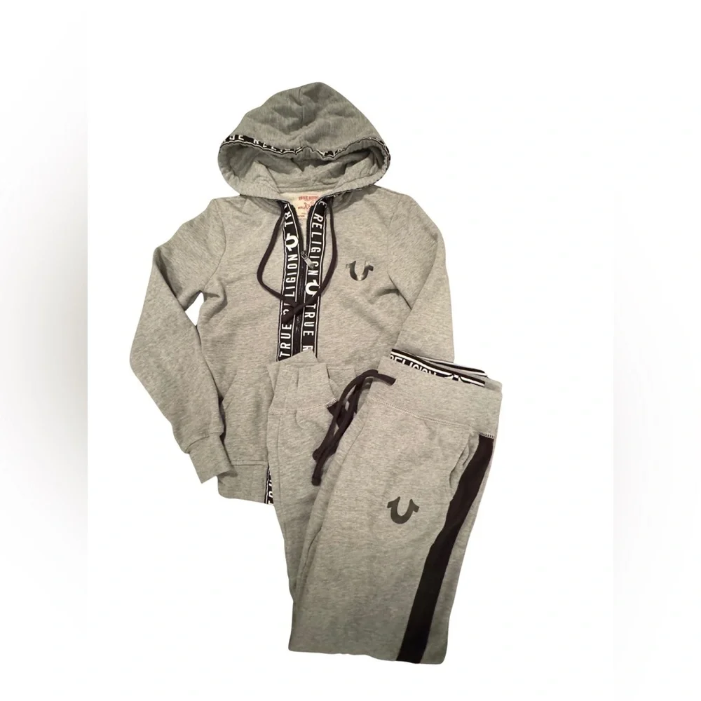 True Religion Heather Gray Hoodie and Jogger Tracksuit with Logo Accents XS - Picture 2 of 8